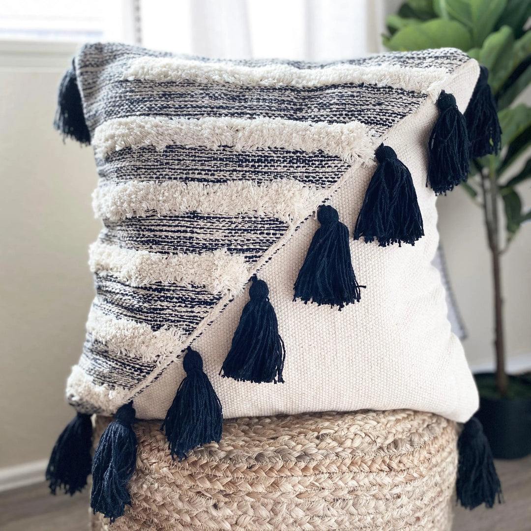 Chloe Throw Pillow, Calla Collective, black throw pillow, white throw pillow, colorblock pillow, textured pillow, neutral home decor, pillow with tassels, tassels, fringe, contrast, contrasting pillow, black and white home decor, decorative pillows, pillow cover, insert, accent pillow